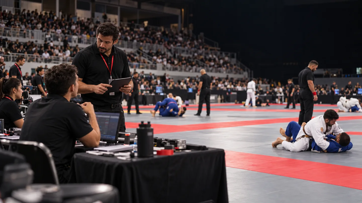 Operations team coordinates a jiu-jitsu tournament across several mats